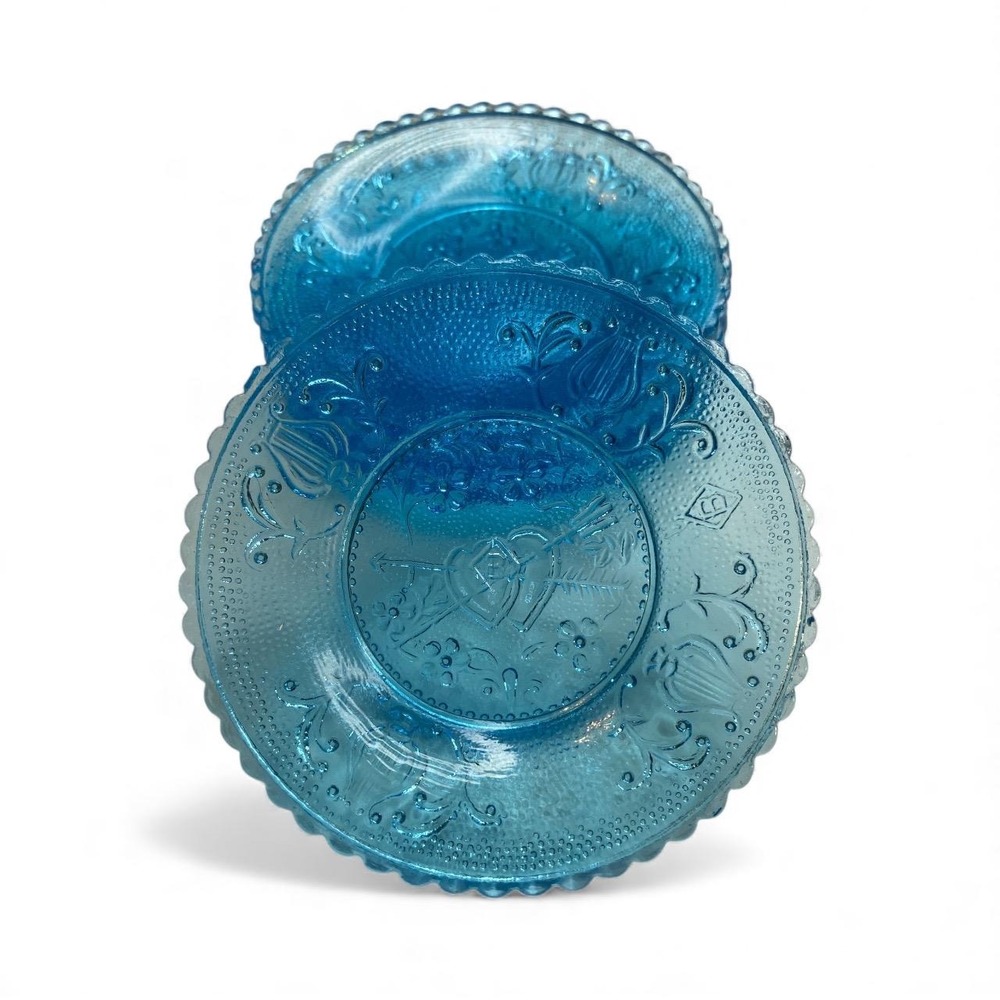 Mosser Glass  Sweetheart Pattern ,Hearts & Arrow,blue saucer plate set of 4